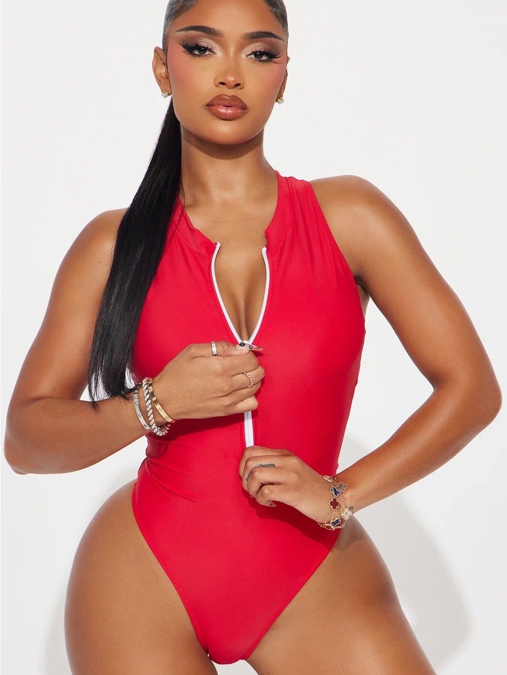 Fashion Nova Red Zip-Front One-Piece Swimsuit with White Trim